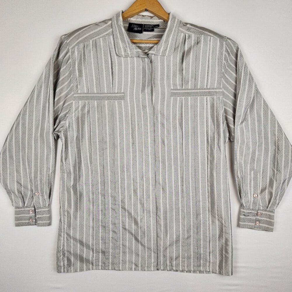 Vintage Marc Allan Silver & Gray Womens Dress Shirt Pleated Shoulder Pads Party